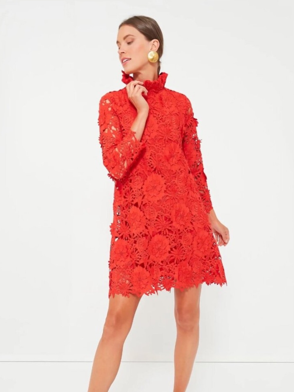 Tuckernuck Coral-Red Floral Lace High-Neck Mini Dress